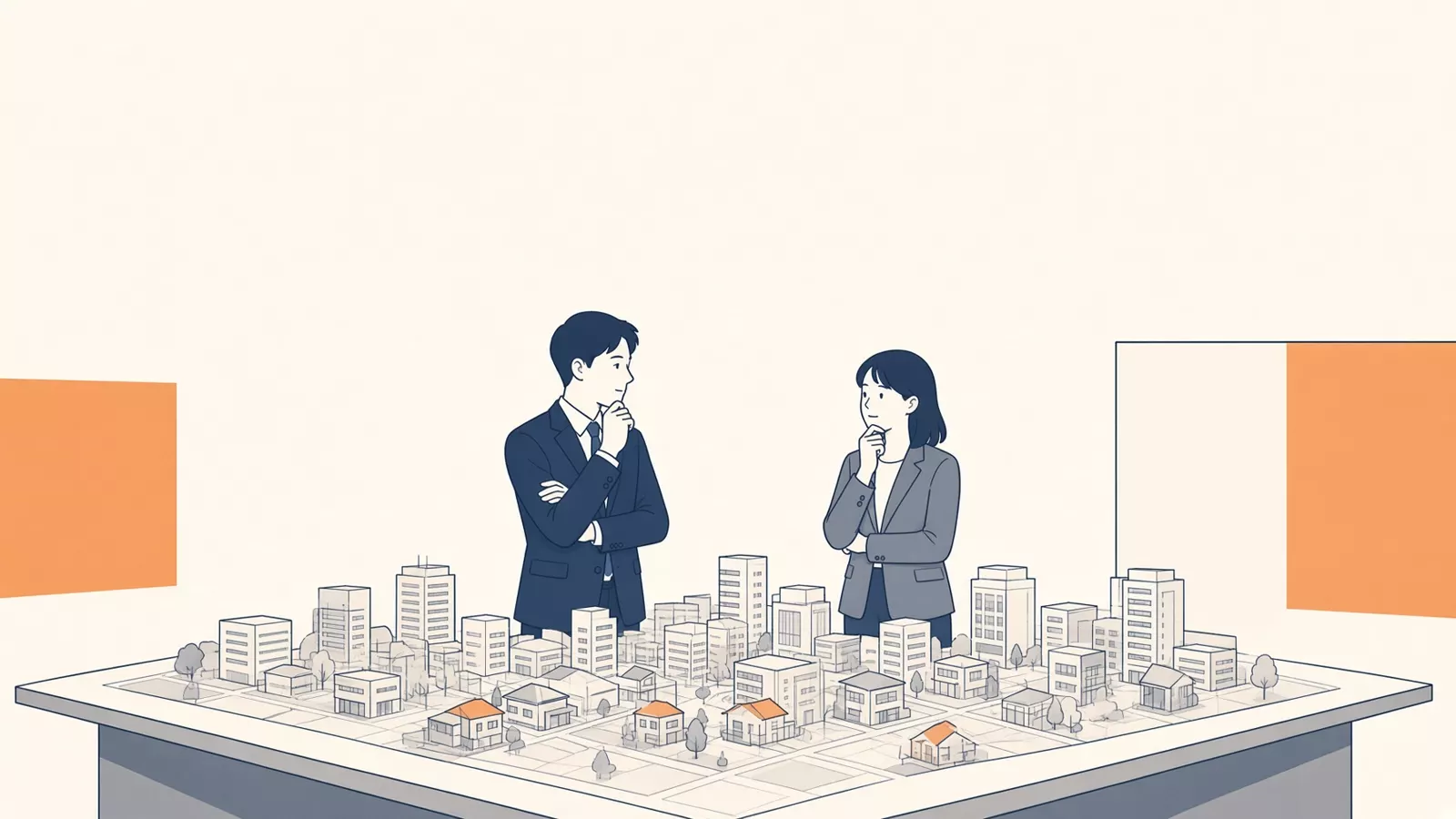 街の模型を囲んで、不動産業界の仕事を見ている