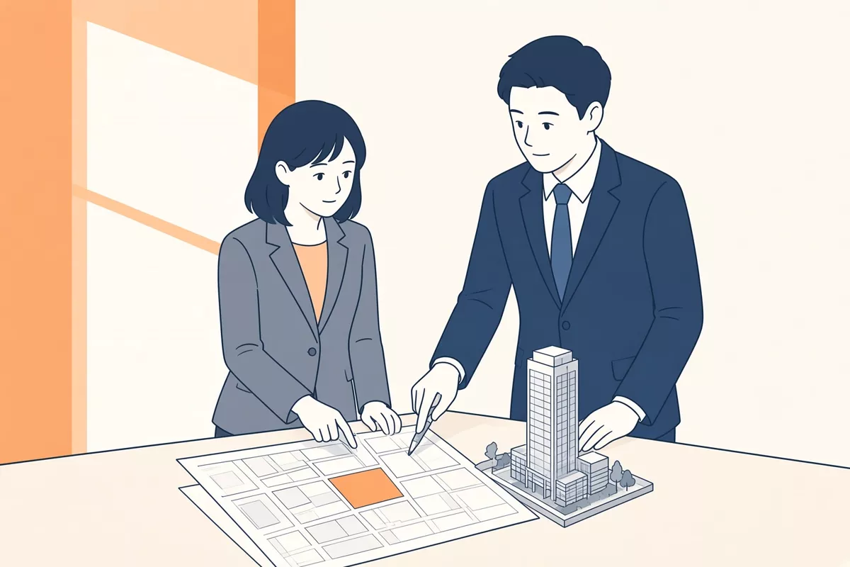デベロッパーの机で、企業人事と図面を見ている